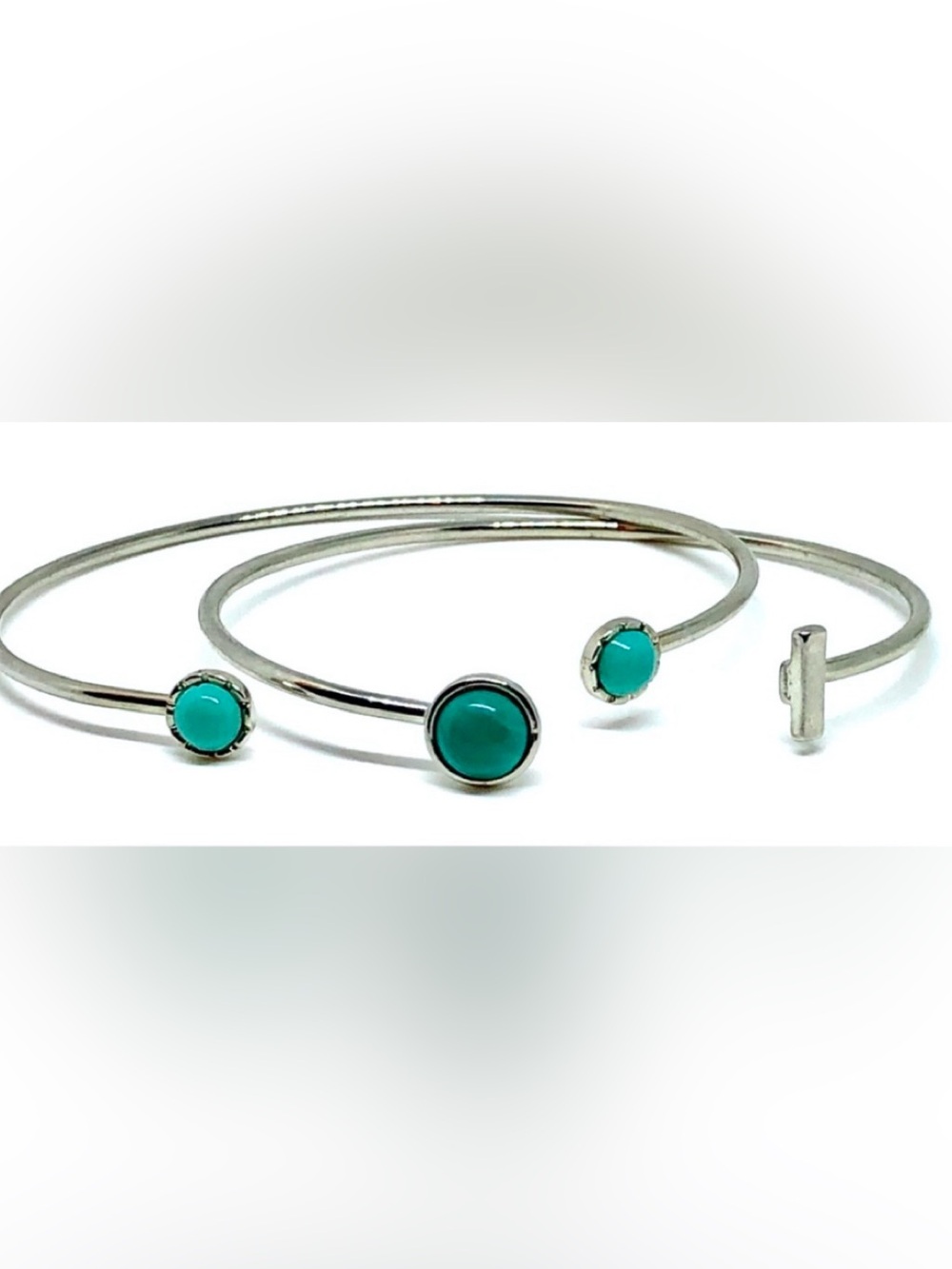 Green Blue Faux Turquoise Stone T Style Open Bangle Bracelets Pair Bundle Silver
